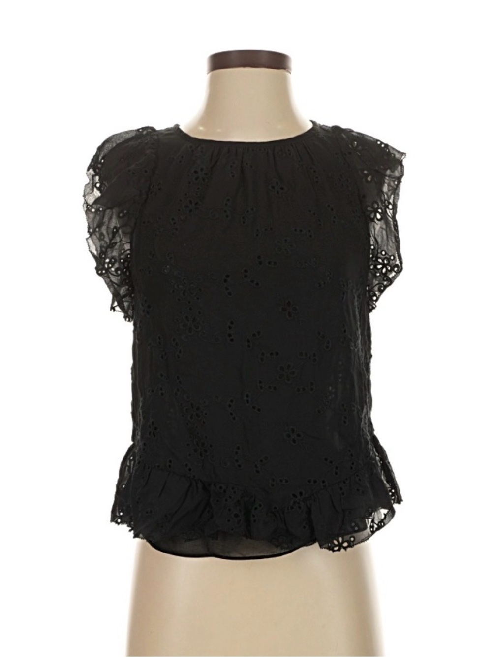 Joie Black Floral Eyelet Ruffle Sleeve Silk Blouse